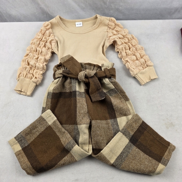 NWOT Stylish Kids Plaid Bottoms & Top Set - Beige and Brown 18-24 Months - Picture 3 of 4